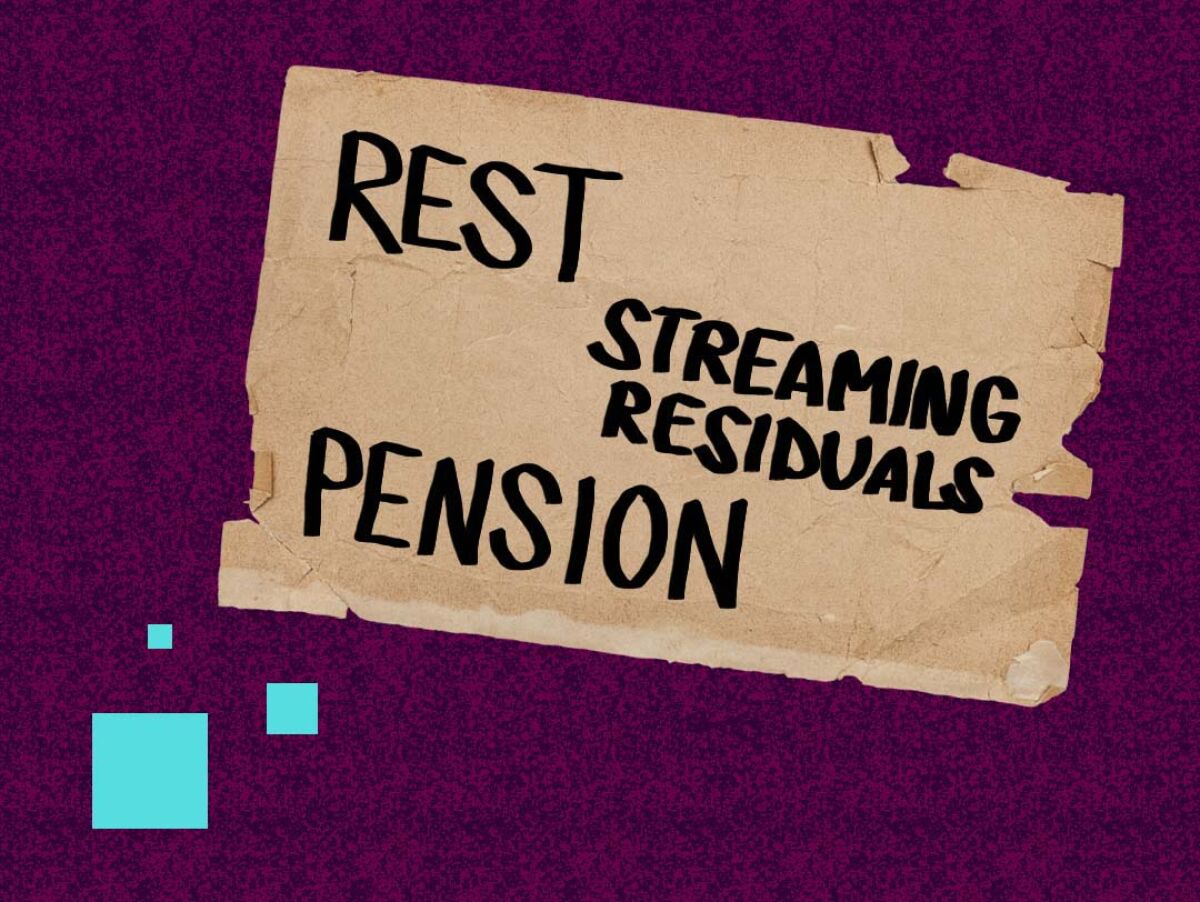 A cardboard sign with the words "rest," "streaming residuals" and "pension" handwritten.