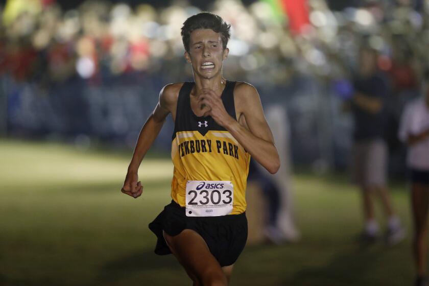 Newbury Park High's Nico Young approaches the finish line in the Doug Speck's Boys' Sweepstakes during the 39th annual Woodbridge Cross Country Invitational on Saturday at SilverLakes Sports Park in Norco. Young finished with a time of 13:39.7.