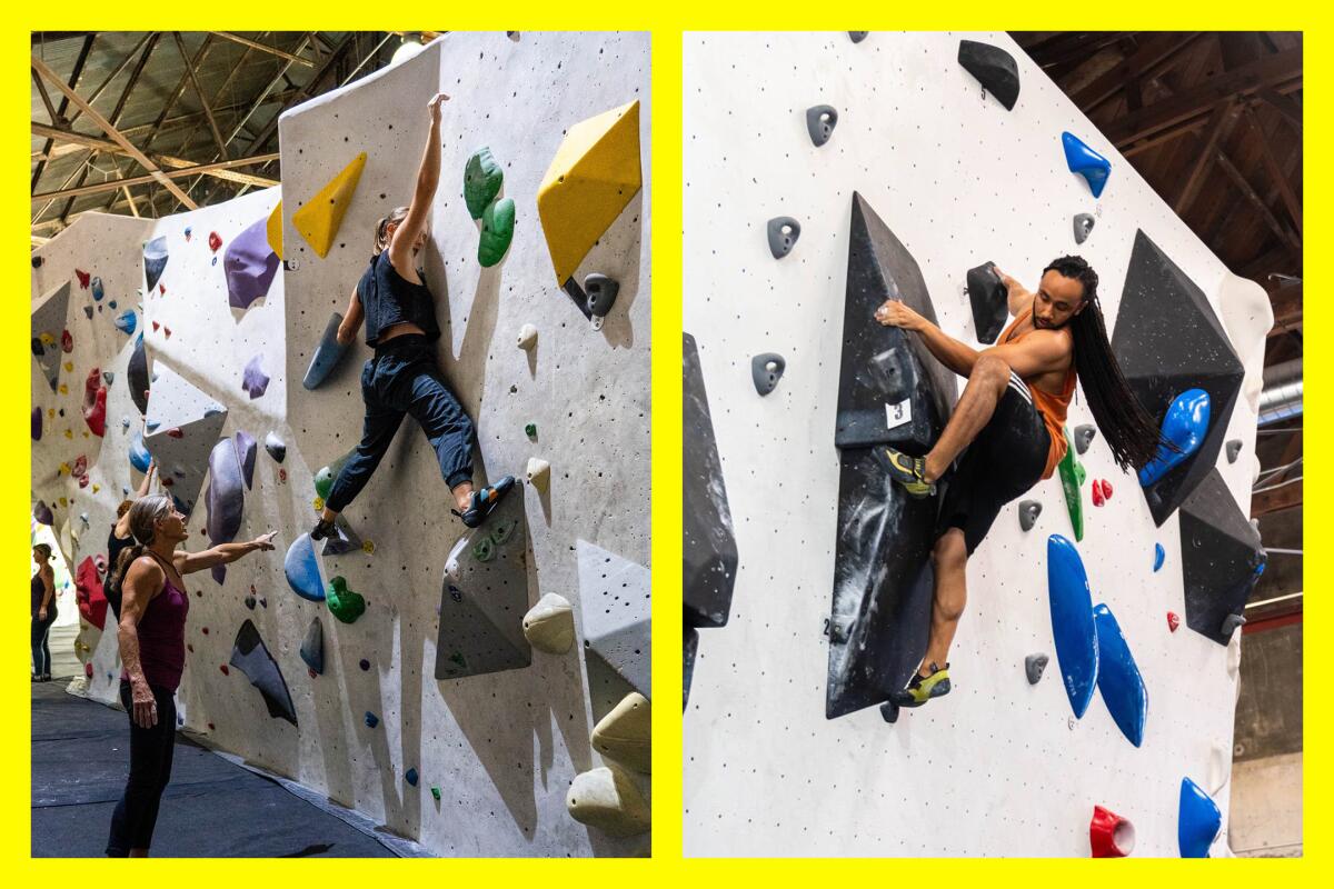 Two photos, left: A teacher instructs a climber on a wall; right: an indoor climber clings to a rounded portion of a wall.