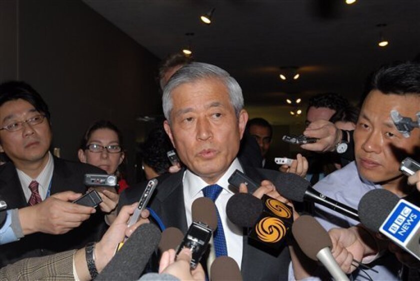 Yukio Takasu, Japanese ambassador to the United Nations speaks to the media after a meeting with ambassadors of the Security Council on North Korea's recent missile launch, Thursday, April 9, 2009 at the U.N. (AP Photo/Osamu Honda)