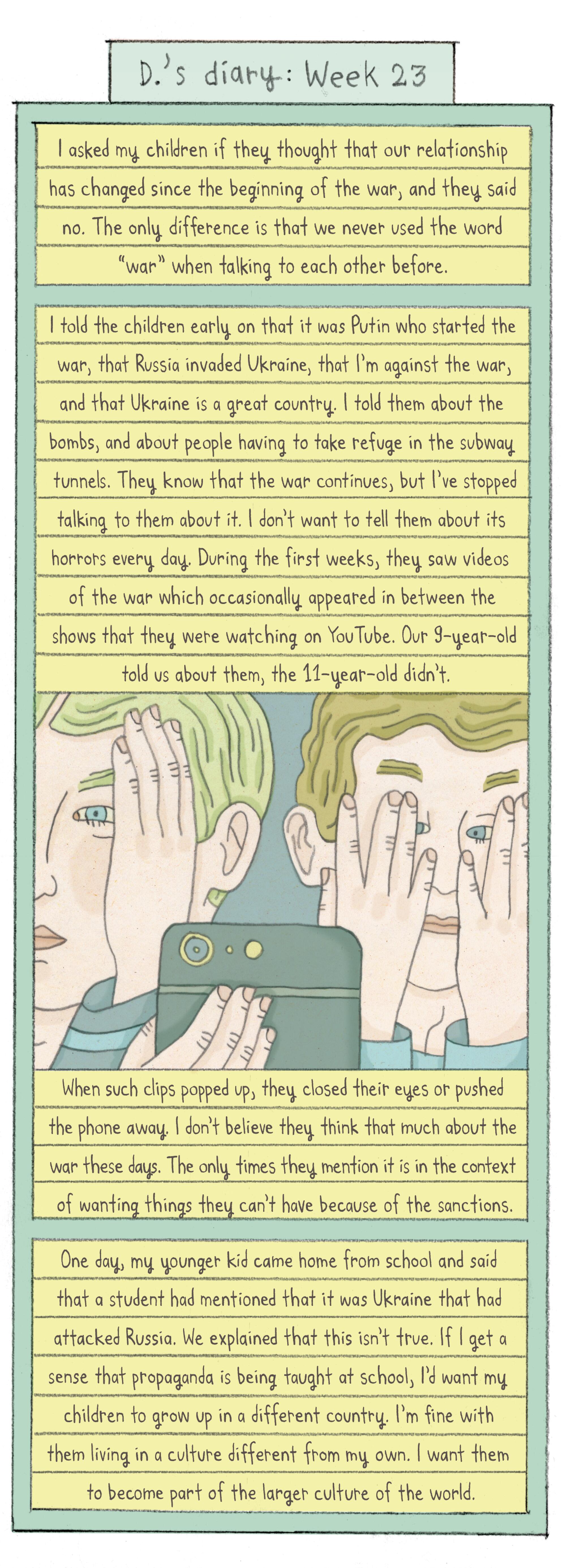 comic depicting two boys looking at a phone between spread fingers.