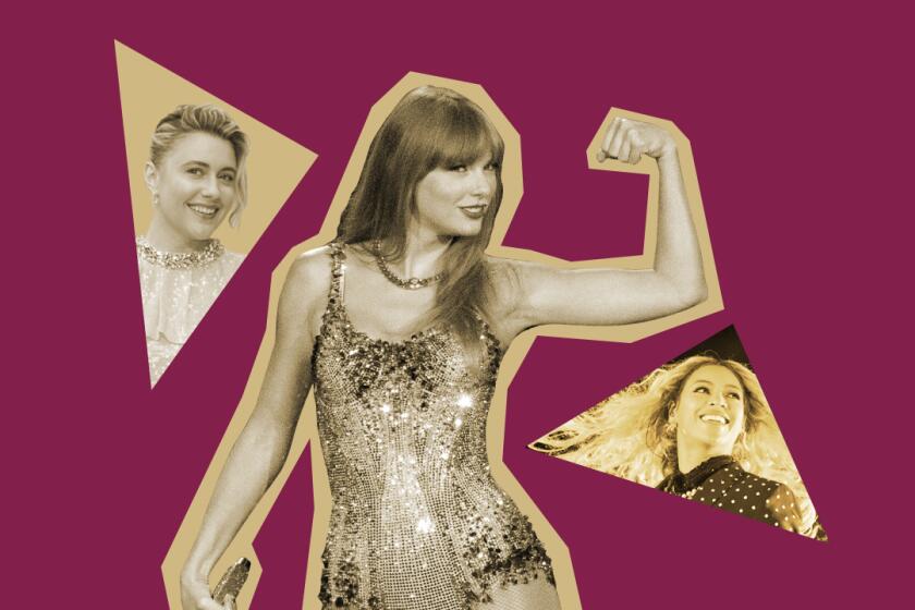 photo collage of Greta Gerwig, Taylor Swift and Beyoncé. All are smiling, and Taylor Swift is flexing her arm.