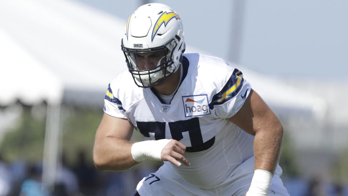 Chargers guard Forrest Lamp during training camp at Jack R. Hammett Sports Complex in Costa Mesa. 