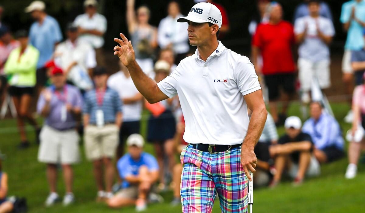 Billy Horschel acknowledges the cheers after making a birdie putt at No. 5 during the final round of the Tour Championship on Sunday at East Lake Golf Club in Atlanta.