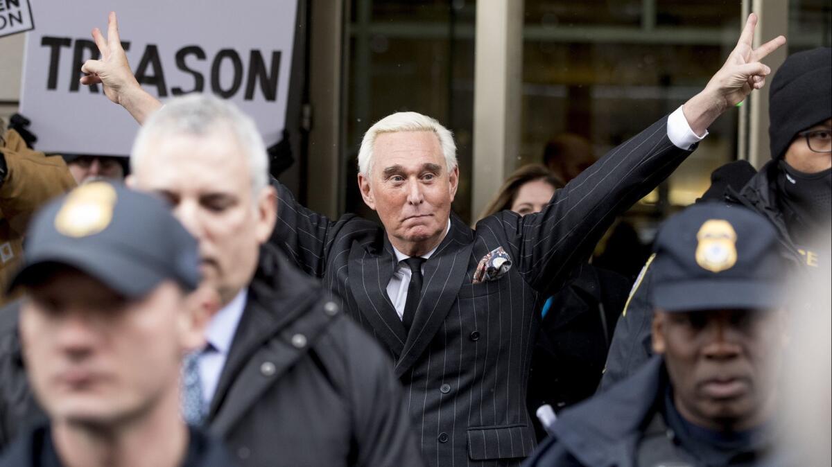 Roger Stone leaves federal court Feb. 1, 2019, in Washington.