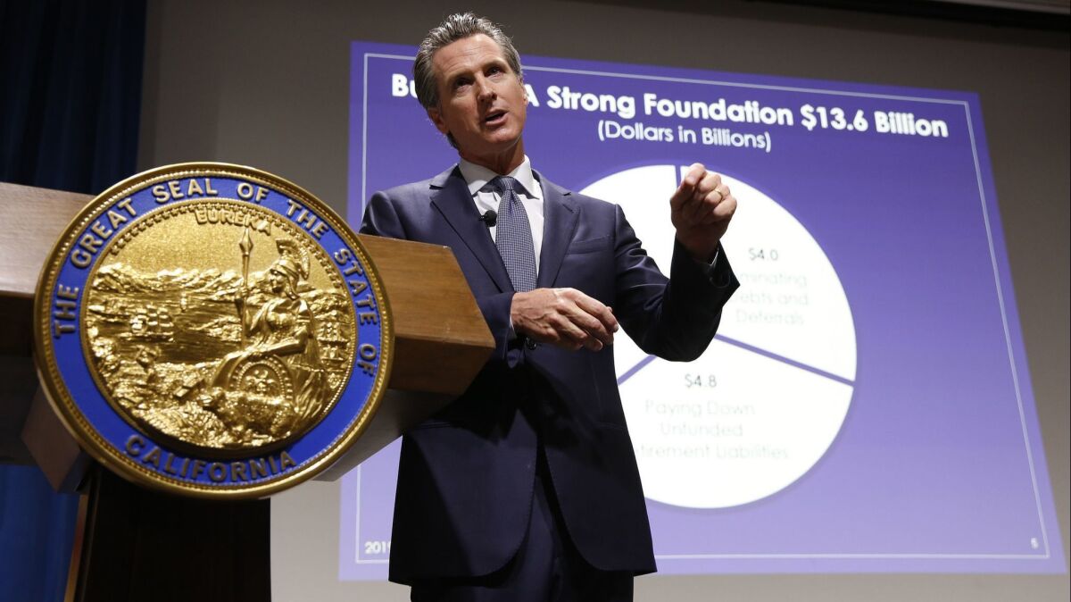 California Gov. Gavin Newsom presents his first state budget during a news conference in Sacramento on Jan. 10.