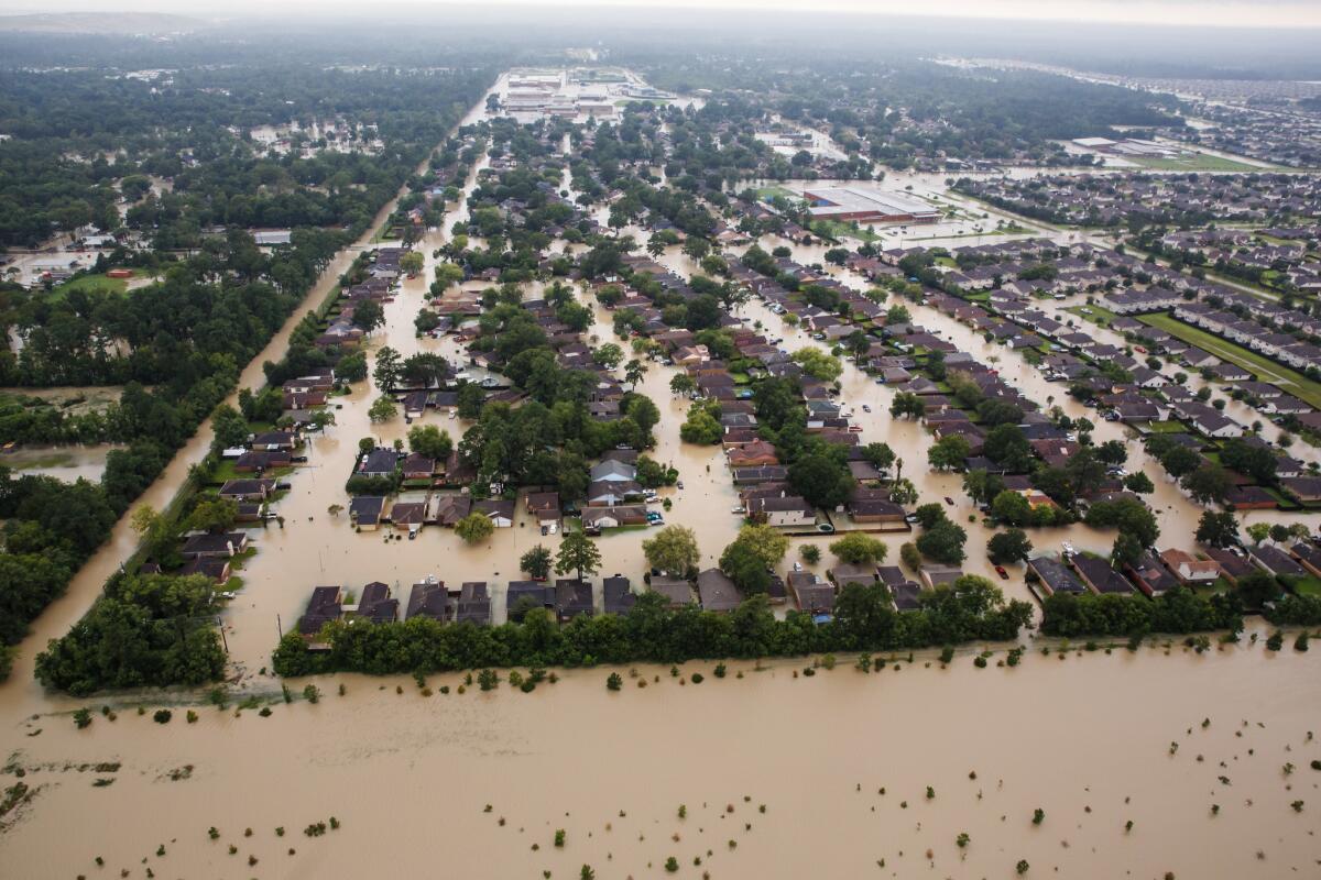 A flooded residential neighborhood near Interstate 10 in Houston.