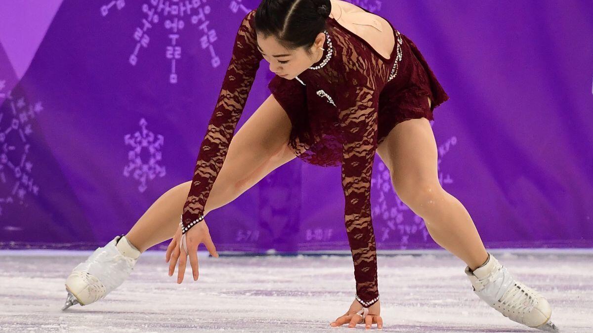 Mirai Nagasu falls as she competes in the women's single skating short program of the figure skating event during the Pyeongchang 2018 Winter Olympic Games on Wednesday.
