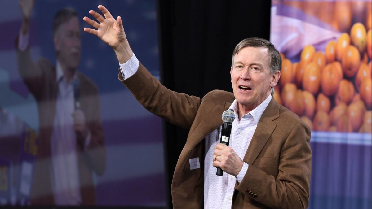 John Hickenlooper is considered a moderate, partly for his reservations about gun control and his support for the fossil fuel industry, including fracking.