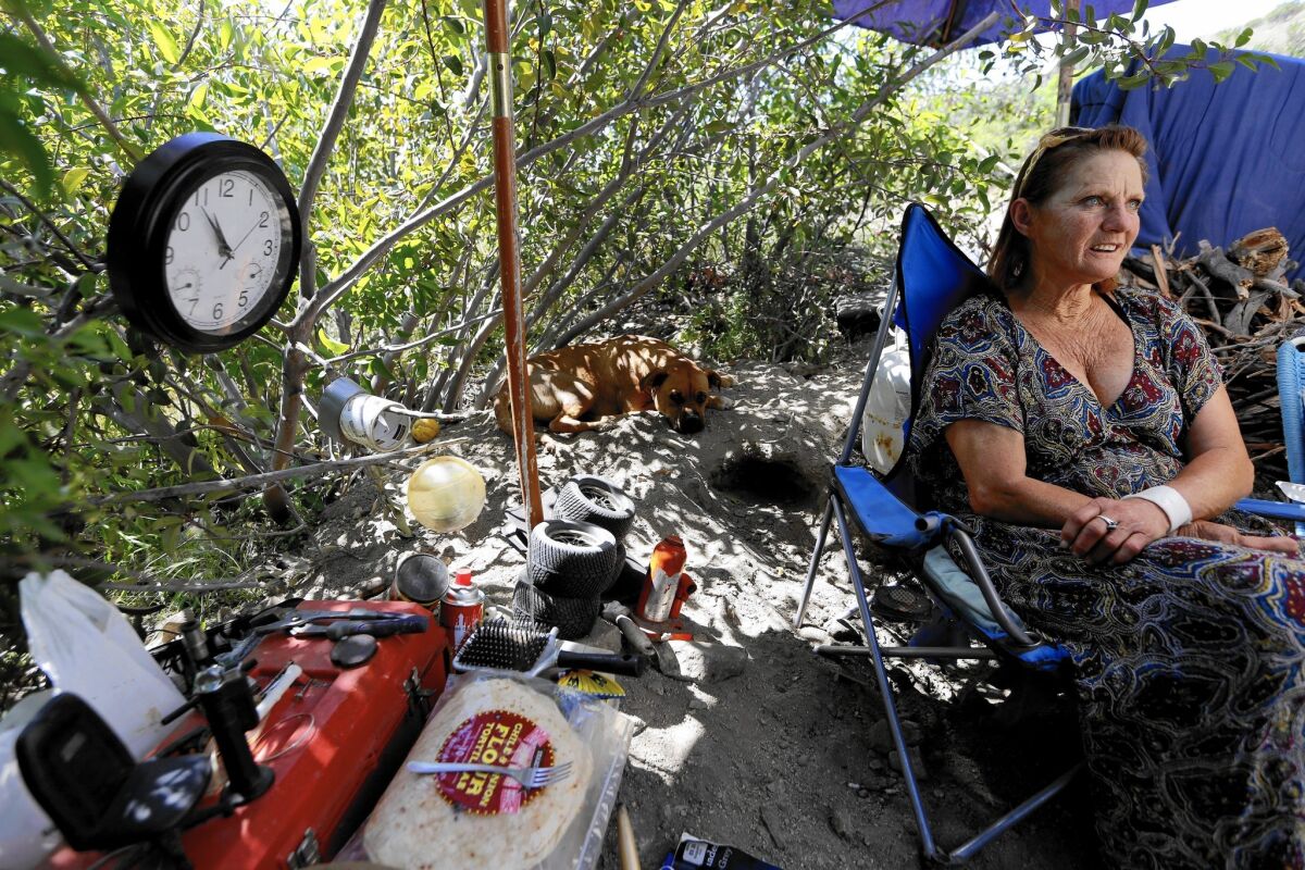 Valery Tash visits her friends in Tujunga Wash. Although she lives in a shelter, she says she prefers to spend time in the wash because it is more peaceful than the shelter.