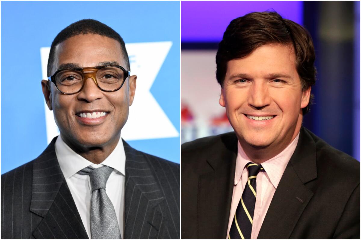 A split image of Don Lemon smiling in glasses and a striped black suit and Tucker Carlson smiling in a black suit.