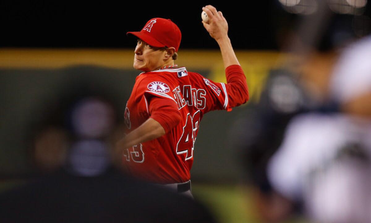 Angels starter Garrett Richards delivers a pitch during the team's 2-0 victory over the Seattle Mariners.