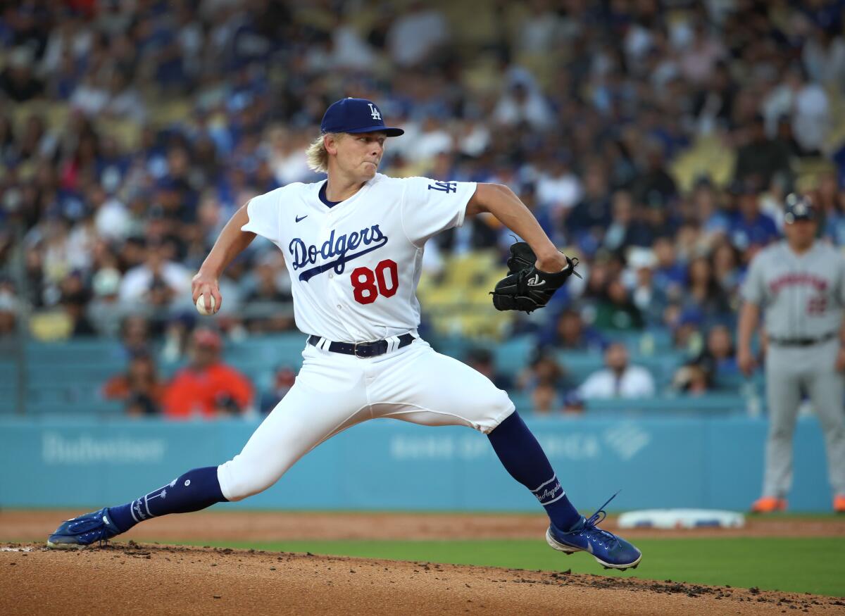 Dodgers starting pitcher Emmet Sheehan delivers during the first inning of a 3-2 win over the Houston Astros.