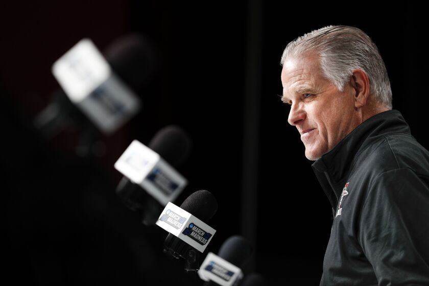 Houston, Texas - April 02: San Diego State's head coach Brian Dutcher speaks during a press conference ahead of Monday's title game at the NRG Stadium on Sunday, April 2, 2023 in Houston, Texas. (Meg McLaughlin / The San Diego Union-Tribune)