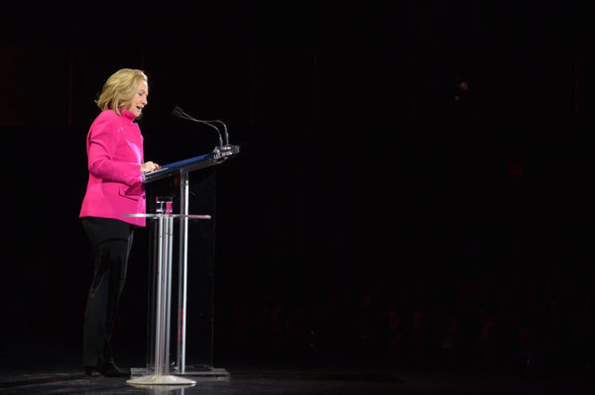 Former Secretary of State Hillary Rodham Clinton speaks at the Women in the World Conference in New York.