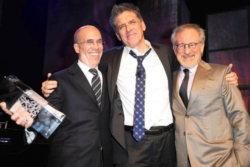 Ambassador of Humanity award recipient Jeffrey Katzenberg, left, MC Craig Ferguson and Steven Spielberg at the USC Shoah Foundation Institute fundraiser.