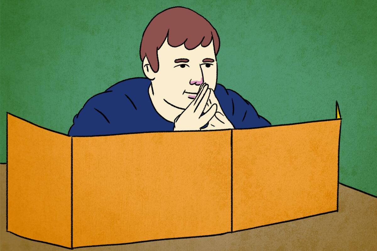 In a drawing, a man sits behind a low foldable screen.
