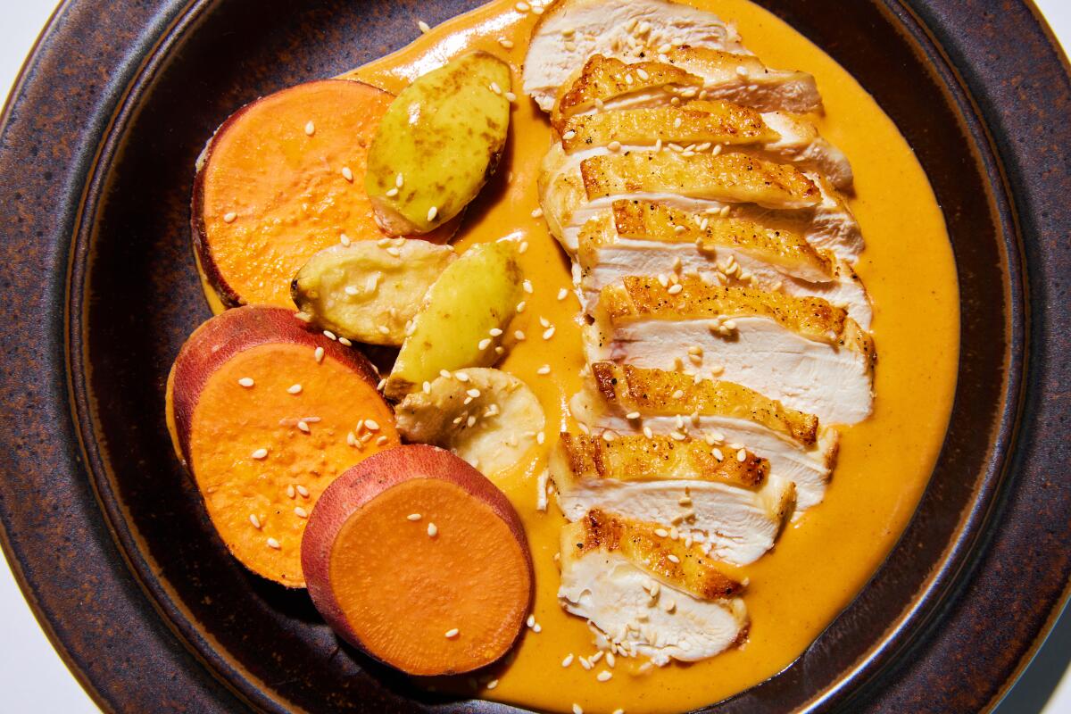 Guava mole with roast chicken and sweet potatoes