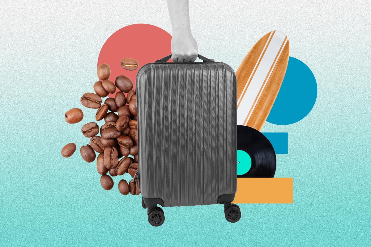 Illustration of a suitcase in front of coffee beans, a surfboard and a vinyl record.