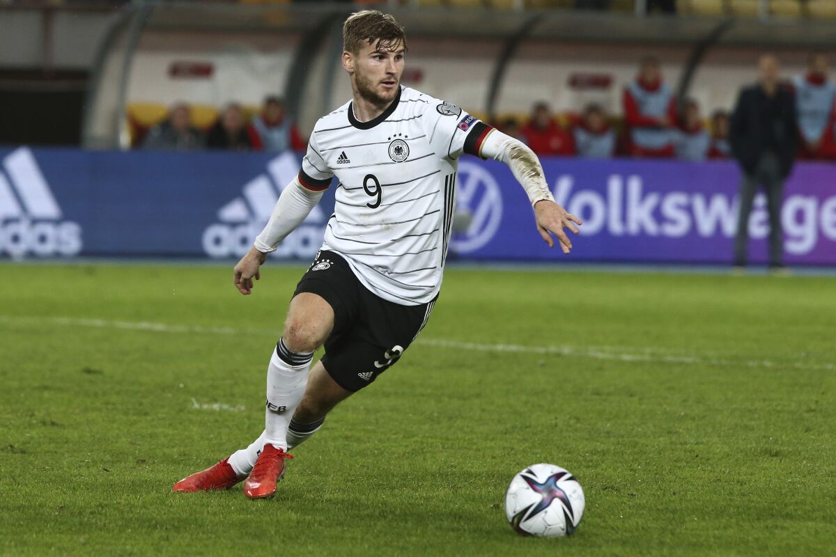 Germany's Timo Werner controls the ball during the World Cup 2022 group J qualifying soccer match between North Macedonia and Germany at National Arena Todor Proeski stadium in Skopje, North Macedonia, Monday, Oct. 11, 2021. (AP Photo/Boris Grdanoski)