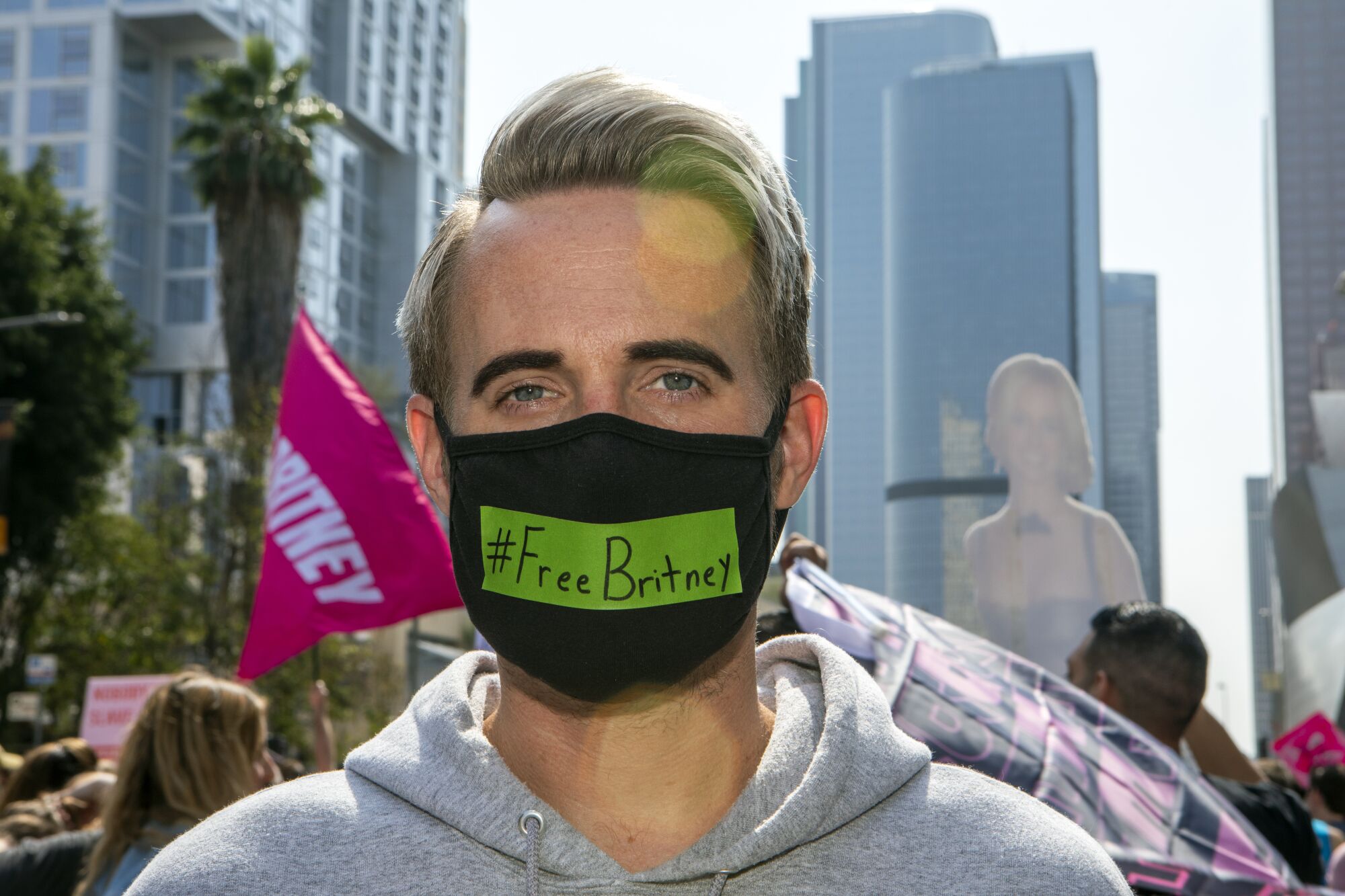 A man wears a mask that says "#FreeBritney"