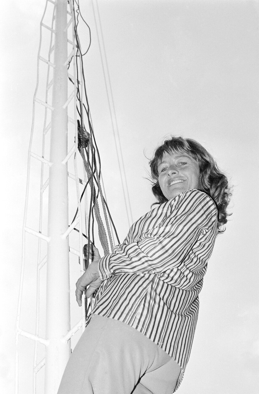 Carla Wallenda has no fear of flying in Pawtucket, Rhode Island on July 16, 1982. Carla Wallenda, a member of “The Flying Wallendas” high-wire act and the last surviving child of the famed troupe’s founder, has died. Her family said she died Saturday, March 6, 2021 in Sarasota, Fla. (AP Photo, file)