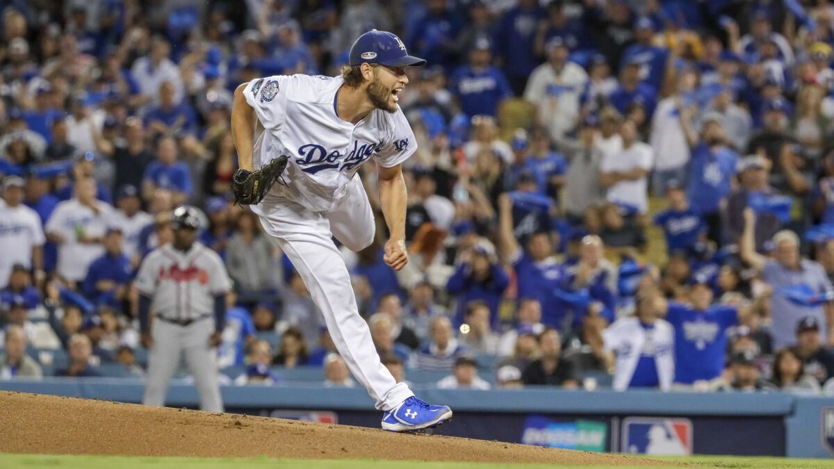 Clayton Kershaw pitches in Game 2 of the National League Division Series.