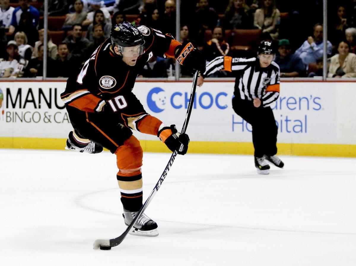 Ducks right wing Corey Perry puts a shot on goal against the Toronto Maple Leafs during a game on Jan. 14.