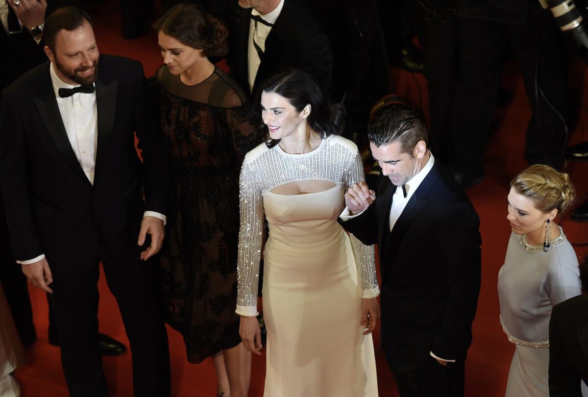 From left, director Yorgos Lanthimos and actors Ariane Labed, Rachel Weisz, Colin Farrell and Lea Seydoux arrive for the screening of "The Lobster."