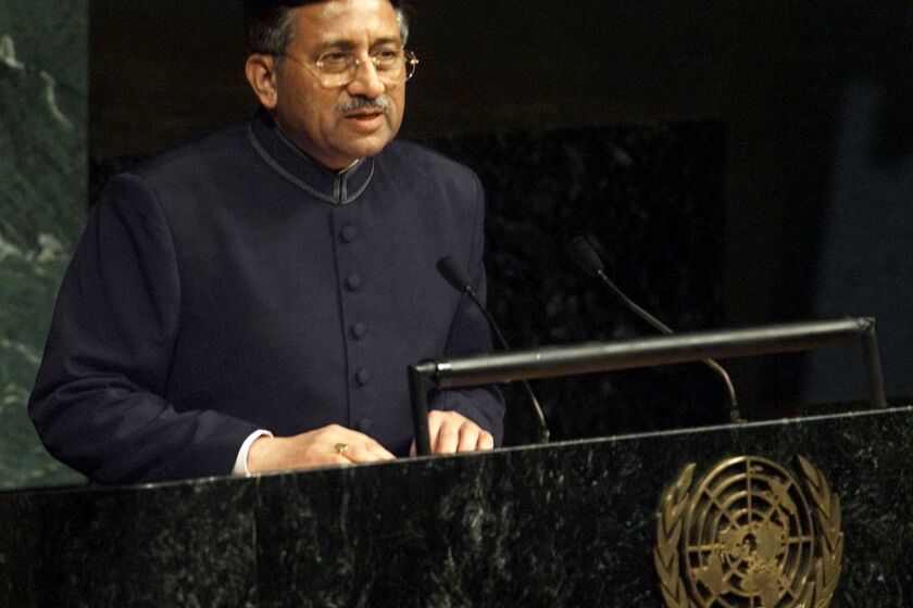 FILE - Pakistani President Gen. Pervez Musharraf addresses the U.N. General Assembly on Nov. 10, 2001, at the United Nations headquarters in New York. An official said Sunday, Feb. 5, 2023, Gen. Pervez Musharraf, Pakistan military ruler who backed US war in Afghanistan after 9/11, has died. (AP Photo/Beth Keiser, File)