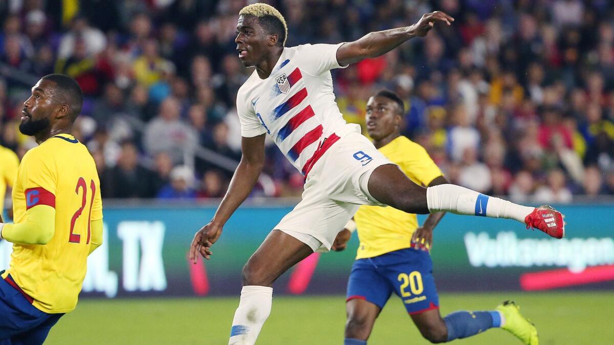 U.S. forward Gyasi Zardes (9) scores the game's only goal against Ecuador during a friendly at Orlando City Stadium on Thursday.