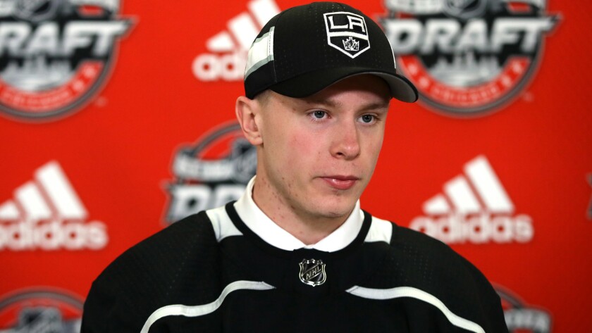 Jaret Anderson-Dolan fields media questions after the Kings selected him with the 41st overall pick in the NHL draft on Saturday.