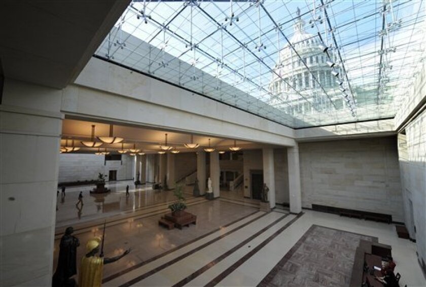 The Capitol Dome is visible through the skylights of the Capitol Visitor Center on Capitol Hill in Washington, D.C.