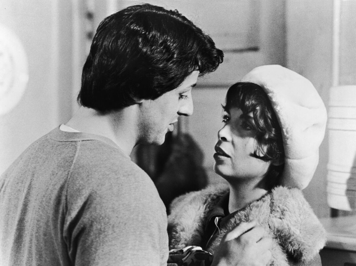 Actors Sylvester Stallone and Talia Shire in a still from "Rocky"