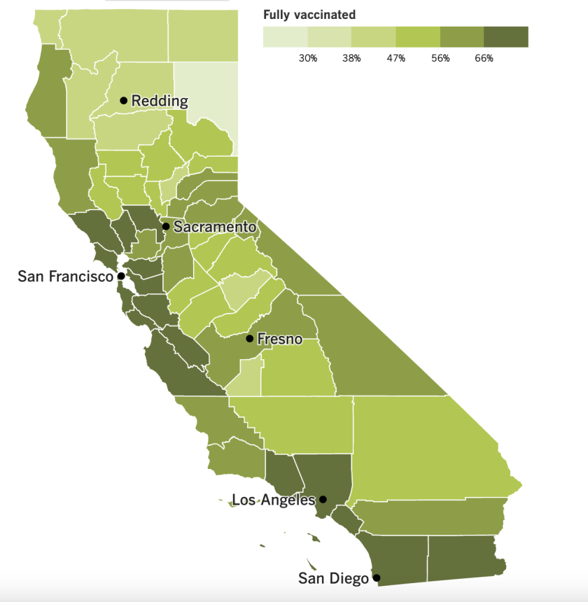 A map showing California's vaccination progress by county.