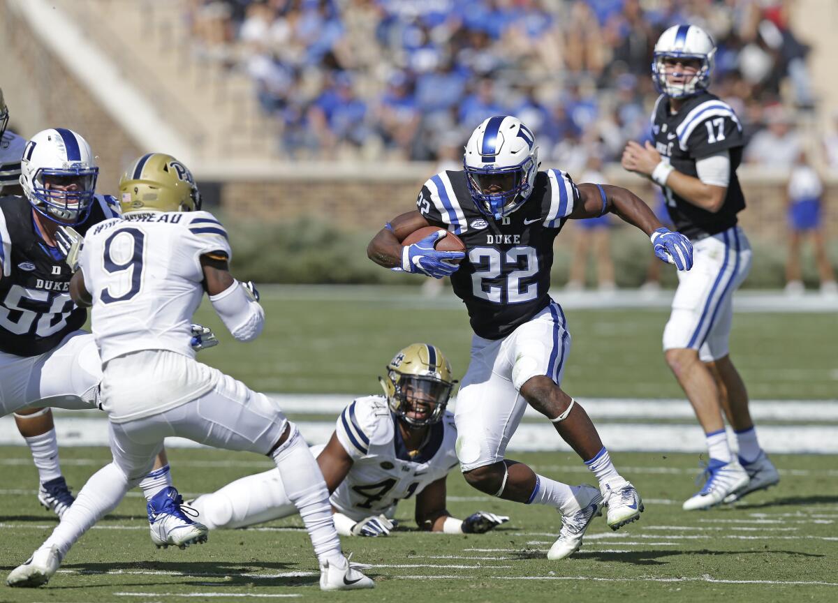 Duke's Brittain Brown runs the ball against Pittsburgh on Oct. 21, 2017. Brown transferred to UCLA during the offseason