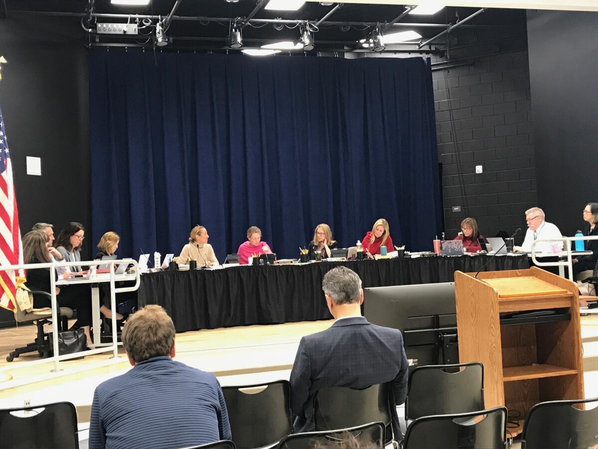 The Solana Beach School District board at an in-person meeting in early 2020.