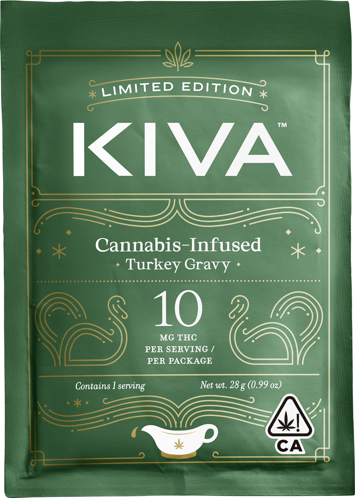 A green rectangular packet of cannabis-infused gravy with white lettering on the front.