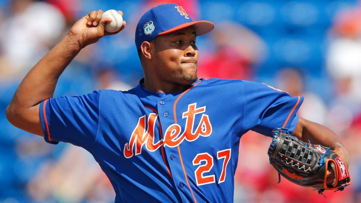 New York Mets' Jeurys Familia pitches against St. Louis during an exhibition game on March 28.