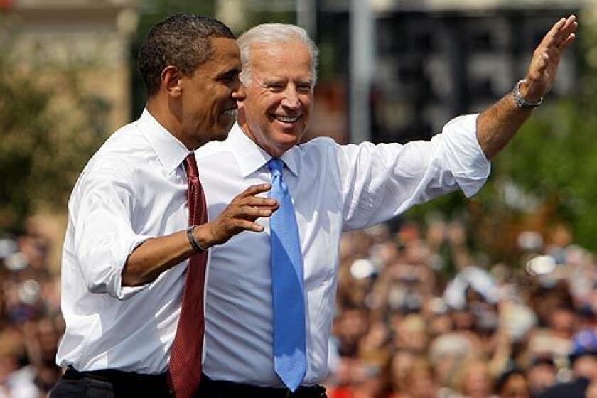 Democratic presidential candidate Sen. Barack Obama D-Ill., left, and his vice presidential running mate Sen. Joe Biden, D-Del., appear together Saturday in Springfield, Ill.