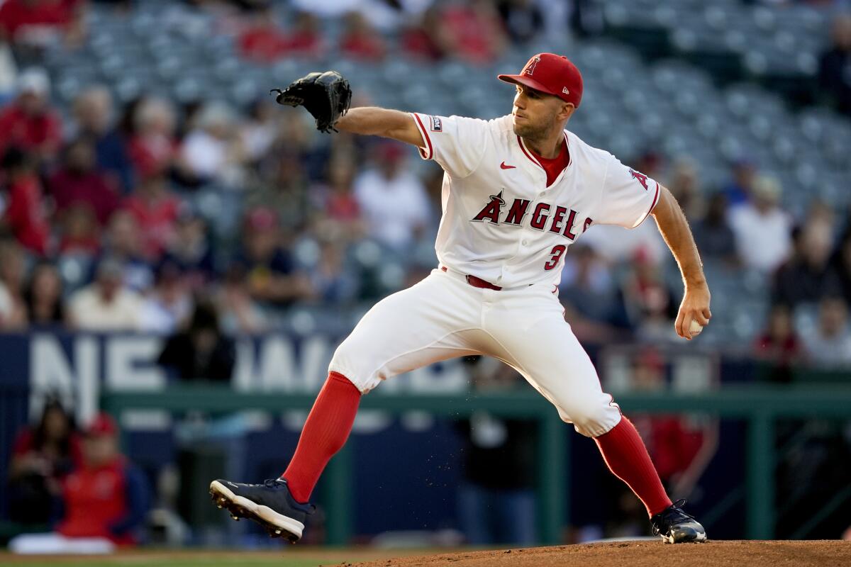 Angels starting pitcher Tyler Anderson delivers during the first inning of a loss to the Houston Astros at Angel Stadium.