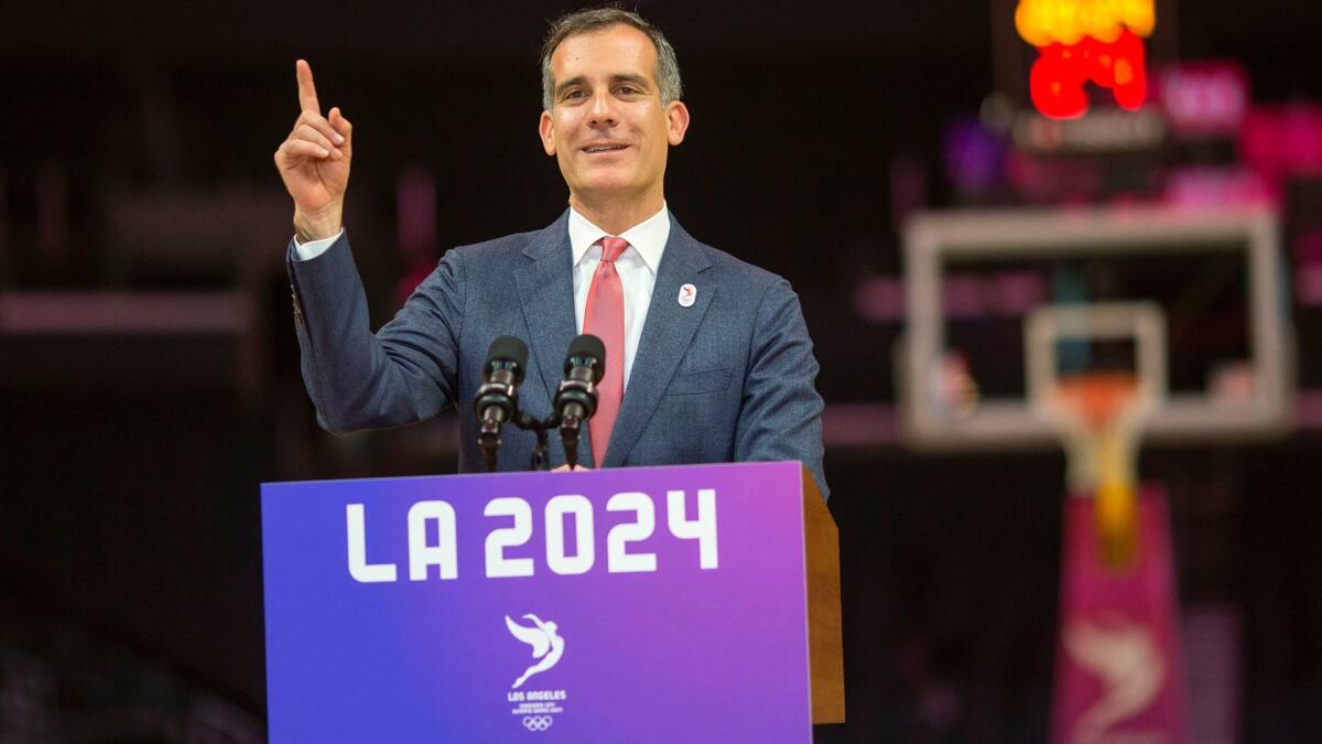 Mayor Eric Garcetti, pictured in May, has signaled a willingness to see Los Angeles host the 2028 Summer Olympics, even while pursuing the 2024 Games.