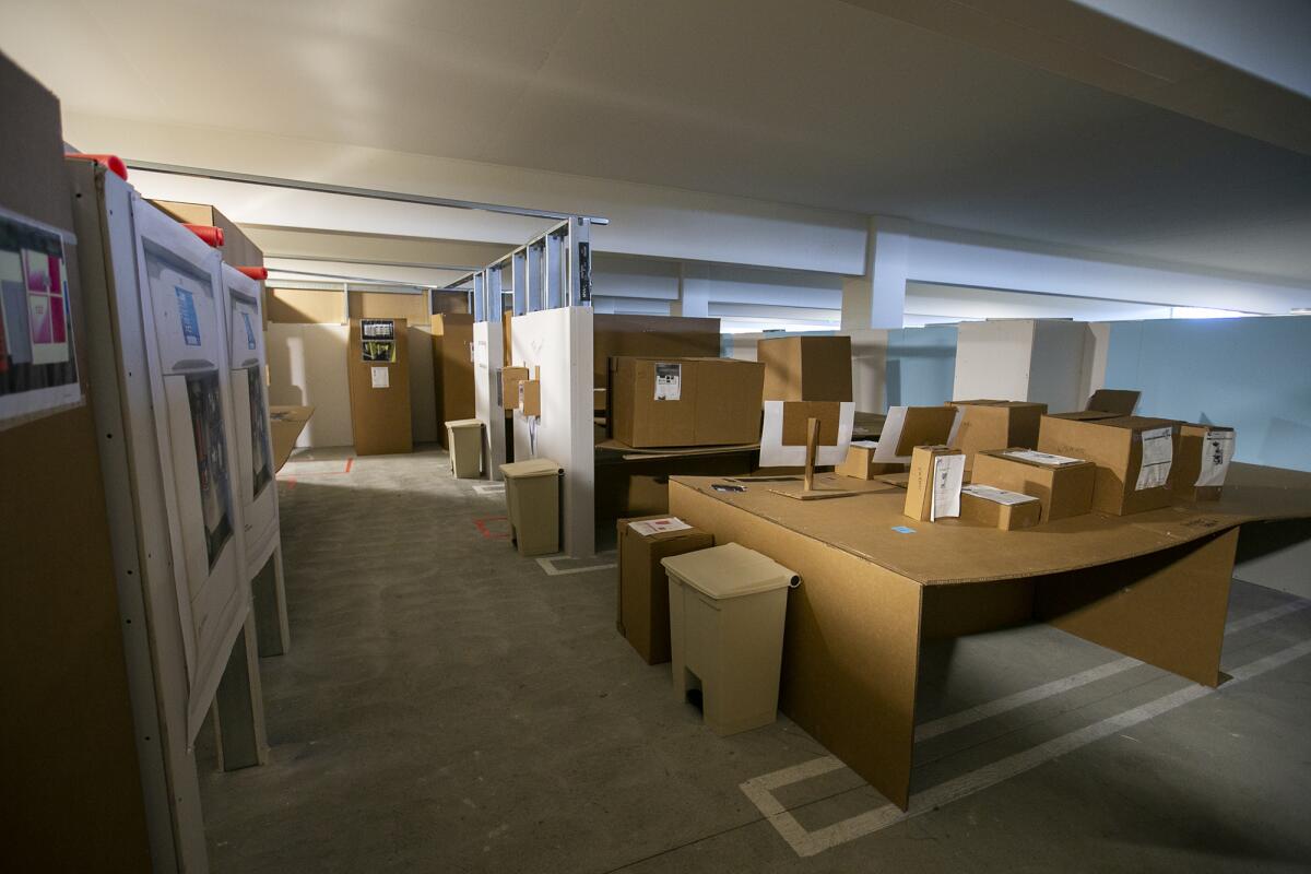 The blood bank and offices, made from cardboard and temporary walls, are part of the built-to-scale replica.