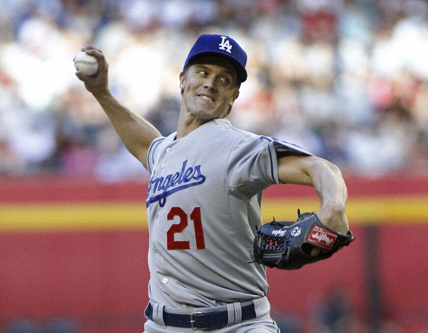 Dodgers starting pitcher Zack Greinke needed 103 pitches to get through 5 1/3 innings, but he only gave up one run in improving to 3-0 with a 2.76 earned-run average this season.