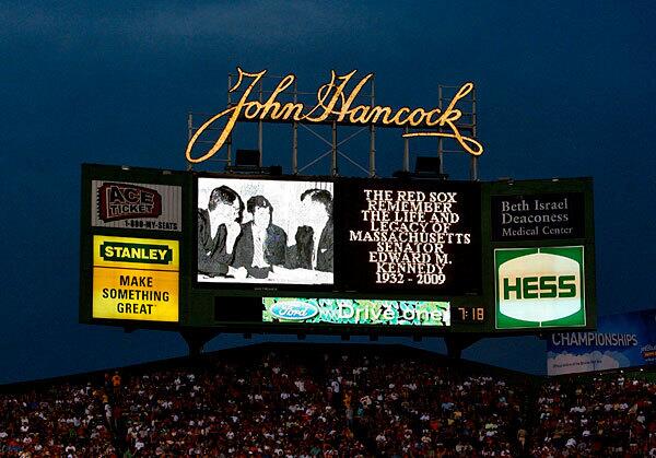 A message on the scoreboard at Boston's Fenway Park honors the memory of Massachusetts Sen. Edward M. Kennedy during Wednesday's Red Sox game.