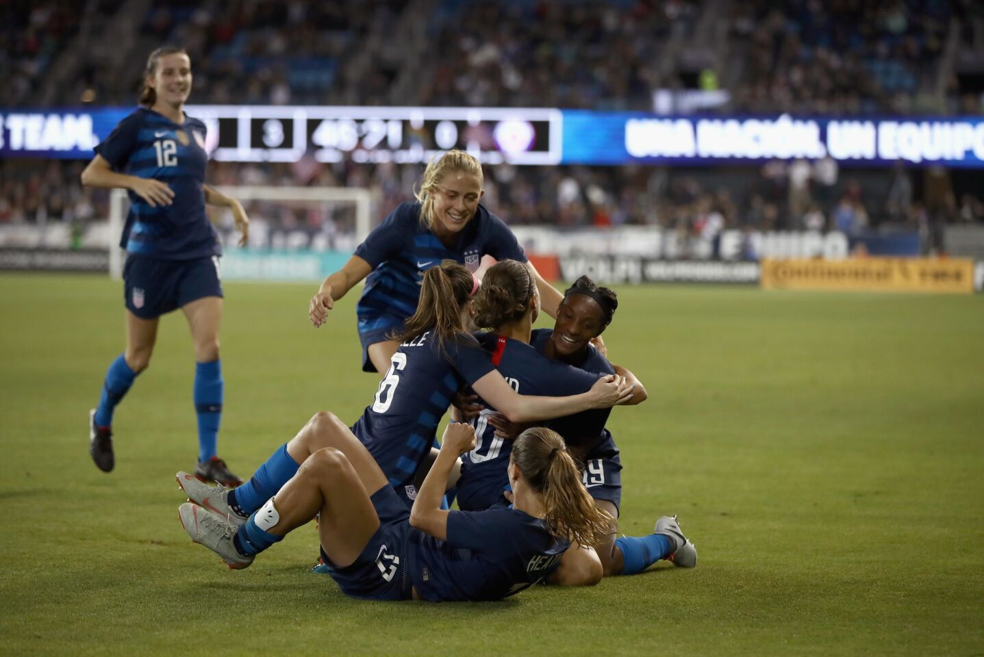 SAN JOSE, CA - SEPTEMBER 04: Carli Lloyd of the United States is congratulated by teammates her first goal of the night against Chile during their match at Avaya Stadium on September 4, 2018 in San Jose, California. (Photo by Ezra Shaw/Getty Images) ** OUTS - ELSENT, FPG, CM - OUTS * NM, PH, VA if sourced by CT, LA or MoD **