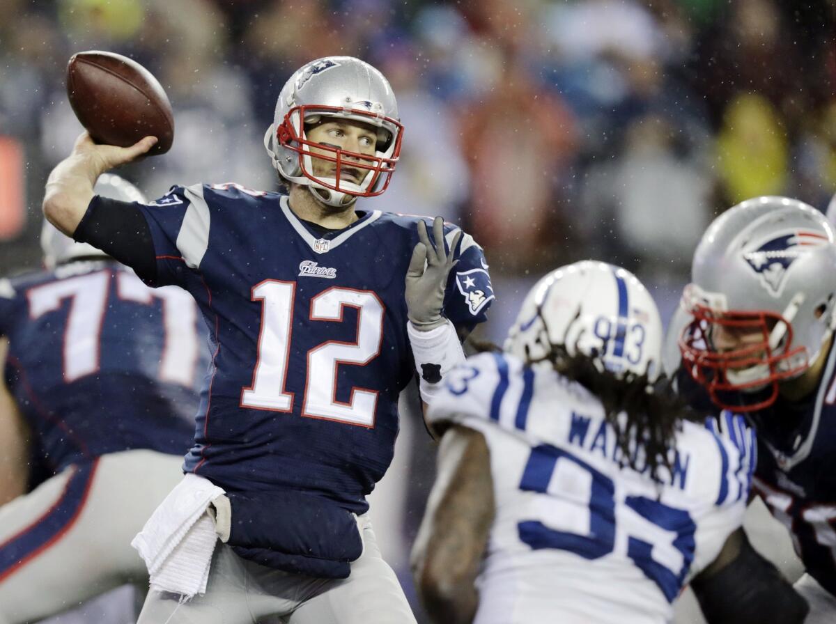 New England quarterback Tom Brady passes against Indianapolis during the AFC championship game back in January.