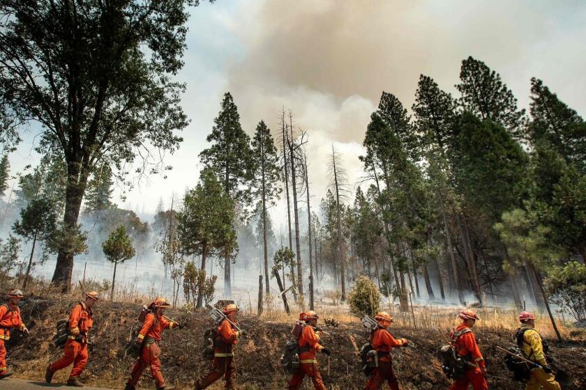 Inmate firefighters battle the Ferguson fire in Jerseydale, California, on July 22, 2018. A fire that claimed the life of one firefighter and injured two others near California's Yosemite national park has almost doubled in size in three days, authorities said Friday. The US Department of Agriculture (USDA) said the so-called Ferguson fire had spread to an area of 22,892 acres (92.6 square kilometers), and is so far only 7 percent contained. / AFP PHOTO / NOAH BERGERNOAH BERGER/AFP/Getty Images ** OUTS - ELSENT, FPG, CM - OUTS * NM, PH, VA if sourced by CT, LA or MoD **
