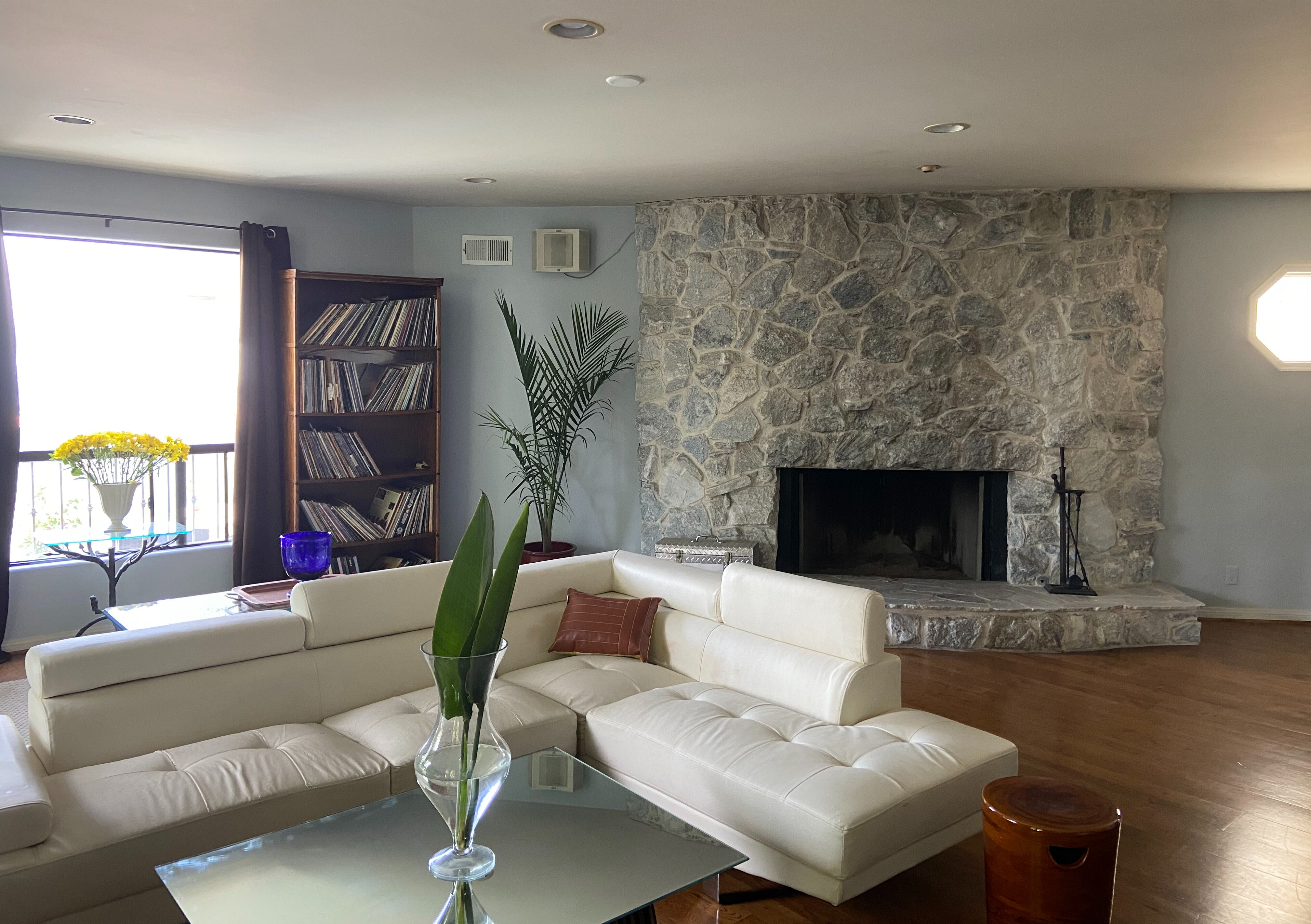 The fireplace.