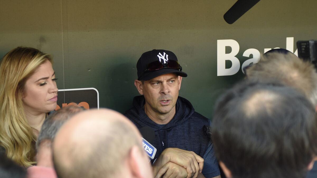 New York Yankees manager Aaron Boone speaks to reporters before a game against the Baltimore Orioles on June 1.